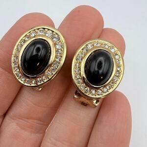 VTG CHRISTIAN DIOR Earrings Oval Black Glass Cabochon Crystal Clip On Gold Plate